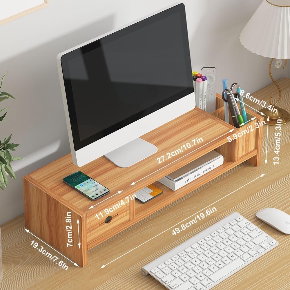 Monitor Stand, 2 Tier Computer Monitor Riser with Drawer and Pen Holder, Ergonomic Laptop Stand, Desktop Shelf for Laptop, TV Screen, PC Monitor (Cherry Wood)