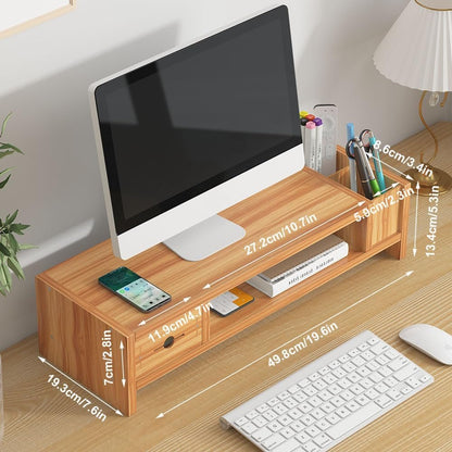 Monitor Stand, 2 Tier Computer Monitor Riser with Drawer and Pen Holder, Ergonomic Laptop Stand, Desktop Shelf for Laptop, TV Screen, PC Monitor (Cherry Wood)