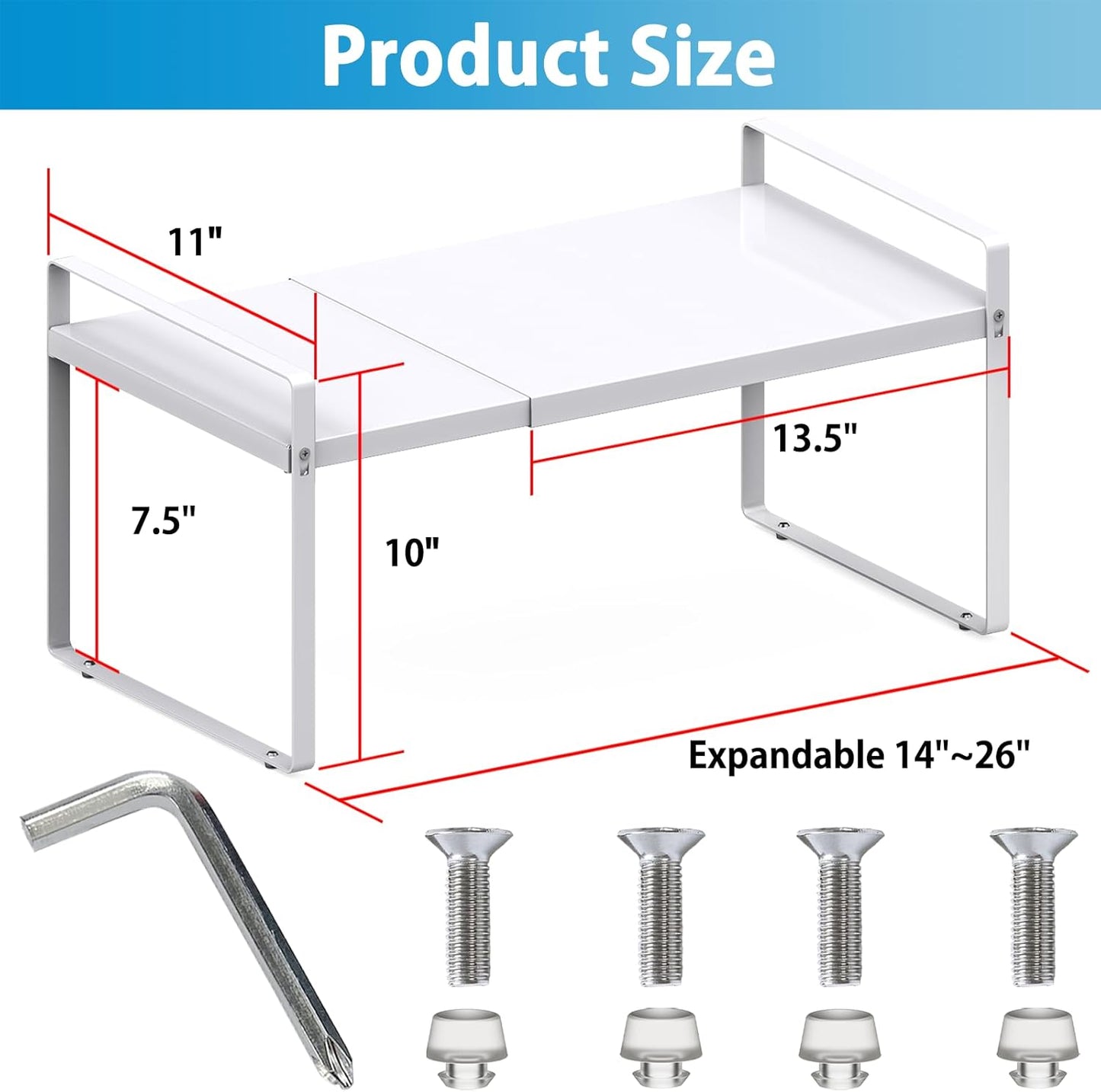 Adjustable Kitchen Shelf Organizer 11" Wide (2 Pack) Heavy-Duty Cabinet Shelves for Countertop, Pantry & Microwave, Expandable Space-Saving Storage Rack with Non-Slip Pads, White