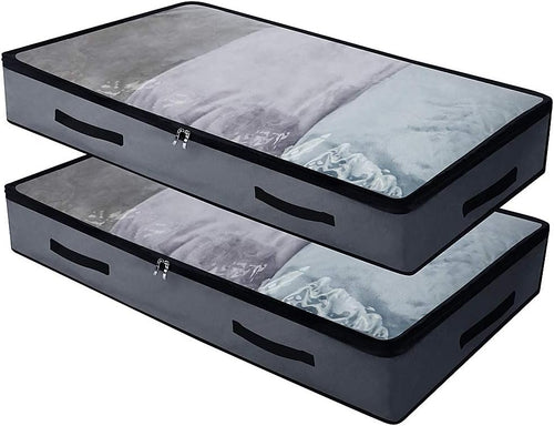 AMJ 2 Pack Soft Underbed Storage Containers with 4 Handles & Transparent Lid for Easy find,Durable Material, Foldable, Dark Gray