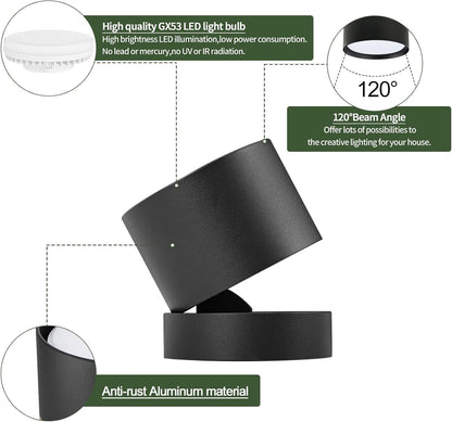 KYOTECH Adjustable LED Ceiling Spotlight Ø84 x 80 mm with Interchangeable 6 W GX53 LED Bulb Spot Light Black Ceiling Spotlights Warm White Light 3000 K 550 LM Ceiling Light
