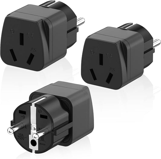 HITRENDS Pack of 3 Australia to EU Travel Adapters, EU Travel Plug, Universal Plug, Adapter Socket, Travel Adapters for Europe & Bali, Parts of Asia, USA, Black
