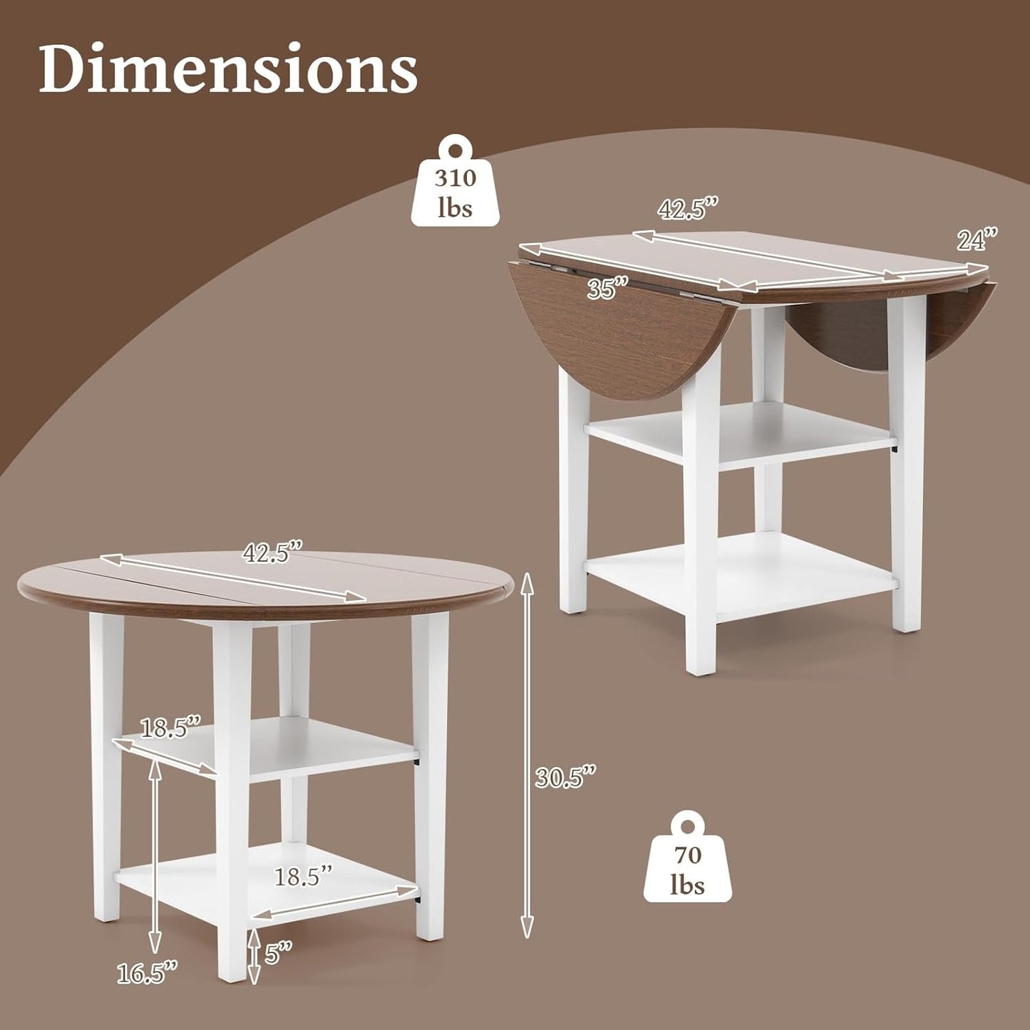 Giantex 42.5 Inches Round Dining Table, Drop Leaf Kitchen Table with Storage Shelves, Expandable Tabletop for Small Space, Dining Room, Living Room, Dinner Table for 4