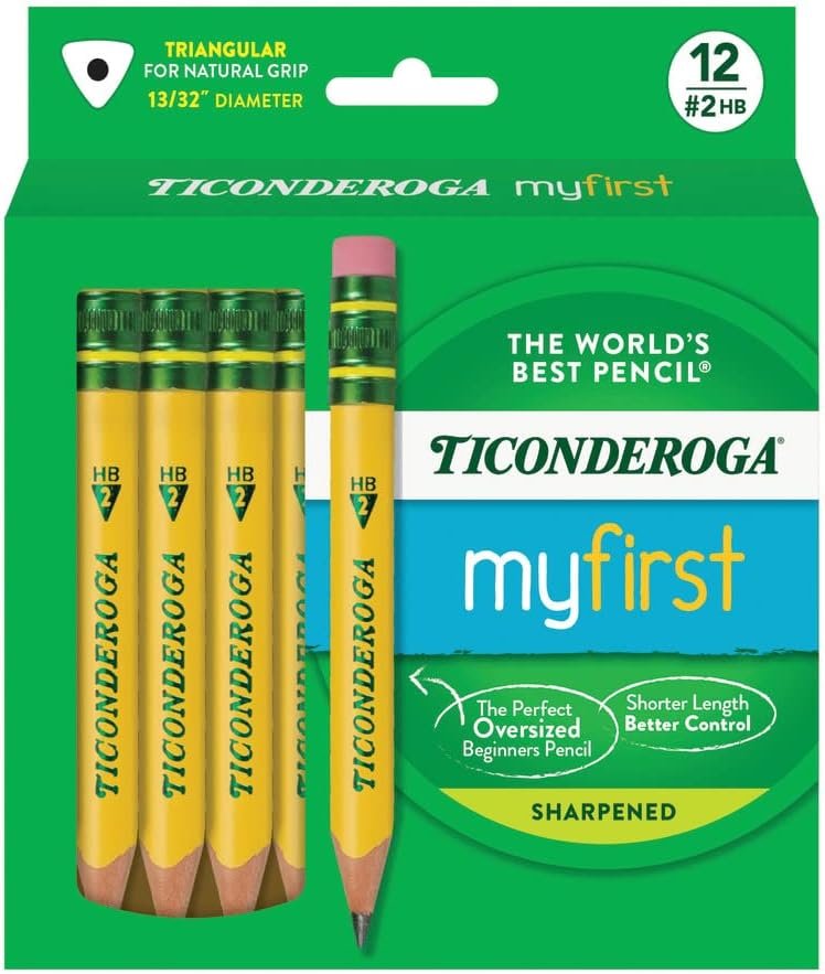 Ticonderoga My First Short Triangular Wood-Cased Pencils, #2 HB Soft, With Erasers, Yellow, 12 Count