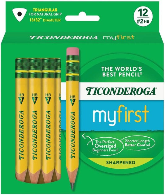 Ticonderoga My First Short Triangular Wood-Cased Pencils, #2 HB Soft, With Erasers, Yellow, 12 Count