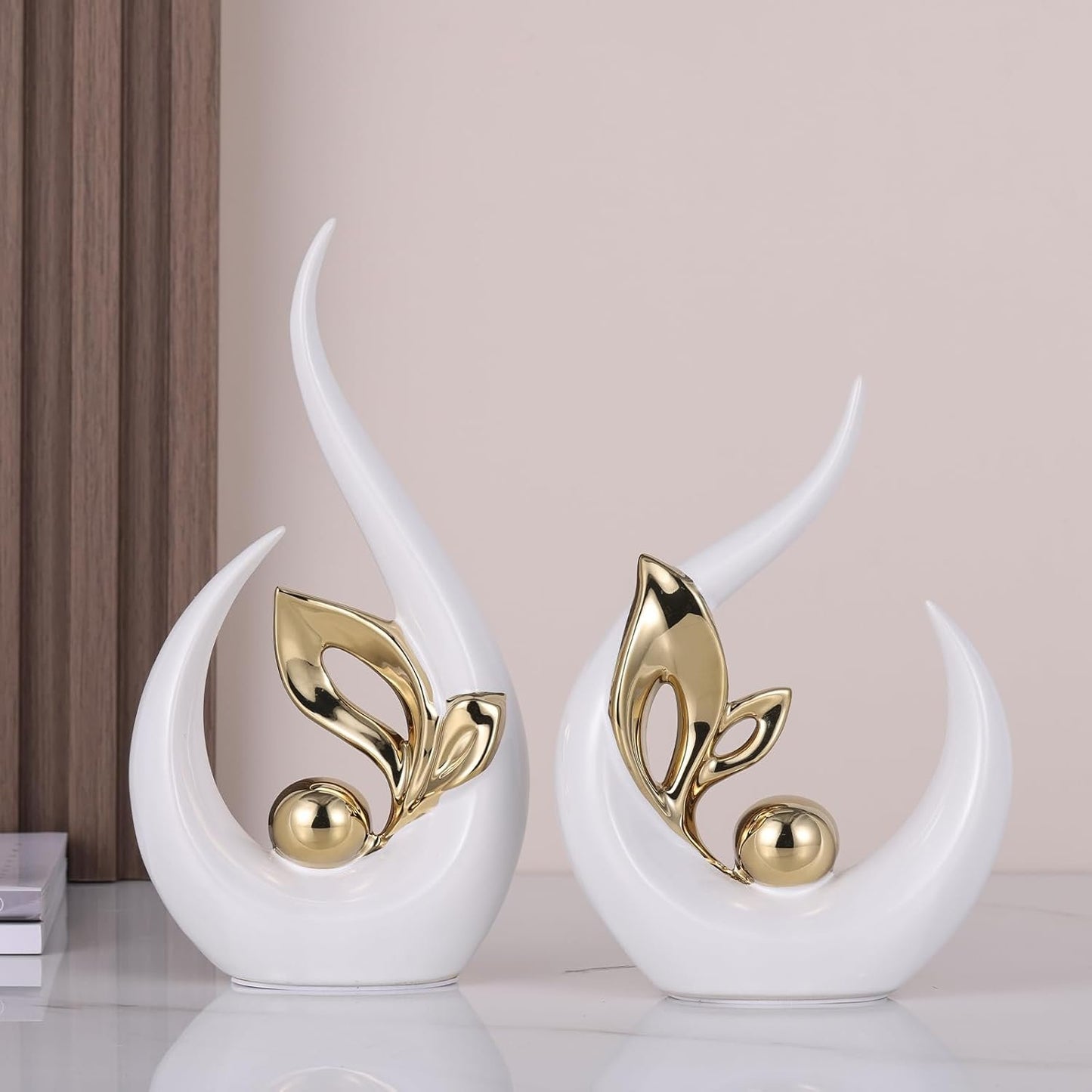 White Gold Abstract Sculptures Home Decor, Ceramic Art Statue Cool Stuff to Put on Shelves&tv Stand Decor, Gold Accent Entertainment Center Decor, Ideal Fireplace Coffee Table Dining Table Decor