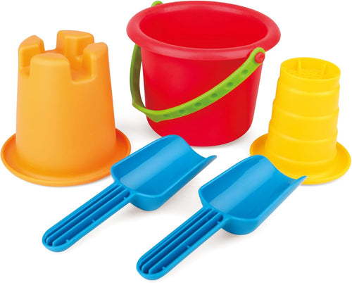 Hape 5-in-1 Kids Beach Toys Set Includes Two Sand Shovels, a Bucket and a Water Scoop |Multicolor | for Kids 18 Months and Older