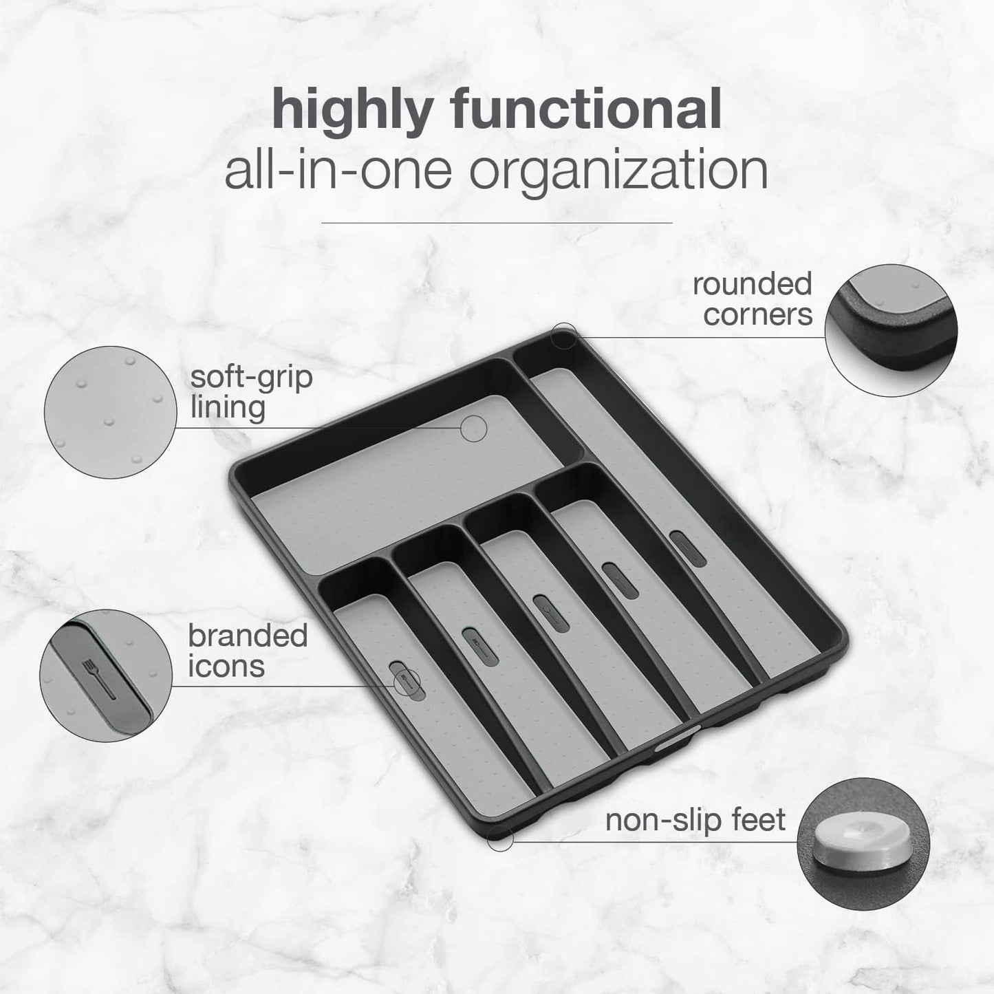 Madesmart Classic 6-Compartment Plastic Silverware Tray for Drawers, Cutlery and Utensil Tray Kitchen Drawer Organizer, Granite