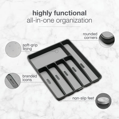 Madesmart Classic 6-Compartment Plastic Silverware Tray for Drawers, Cutlery and Utensil Tray Kitchen Drawer Organizer, Granite