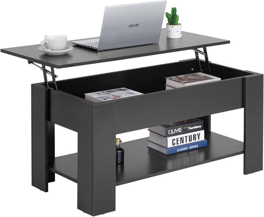 Table Wooden Lift Tabletop Dining Table Coffee Table with Hidden Compartment Storage Shelf Lift Top Coffee Table for Living Room Home- Black