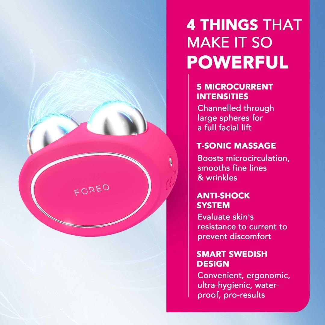 FOREO BEAR Smart Microcurrent Facial Toning Device for Instant Full-Face Firming, Rechargeable, App-connected, 5 Microcurrent Intensities, T-Sonic pulsations, 90 uses/USB charge, Fuchsia