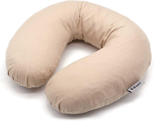 Buckwheat U Shaped Pillow - Edomi Cool Travel Neck Pillow Neck Support Head Pillow Sleep Pillow for Neck Pain Relief Side Sleepers Natural Buckwheat Hulls Concealed Zipper (Macaron Light Tan)