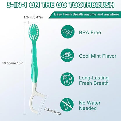 All in One Brush, Toothpaste and Floss, 5 in 1 Mini Toothbrush & Floss & Tongue Scraper & Toothpick Set, Portable Oral Care for Travel Work, Bulk Toothbrushes Individually (mix,2)