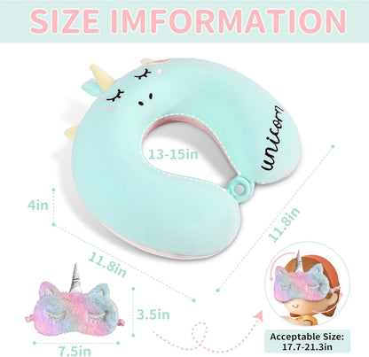 urnexttour Neck Travel Pillow for Kids, Unicorn Airplane Memory Foam Pillow with Cute Sleep Mask & Earplugs, Lightweight Travelling Sleeping Pillow Set for Car, Train, Bus and Home Use (Blue)