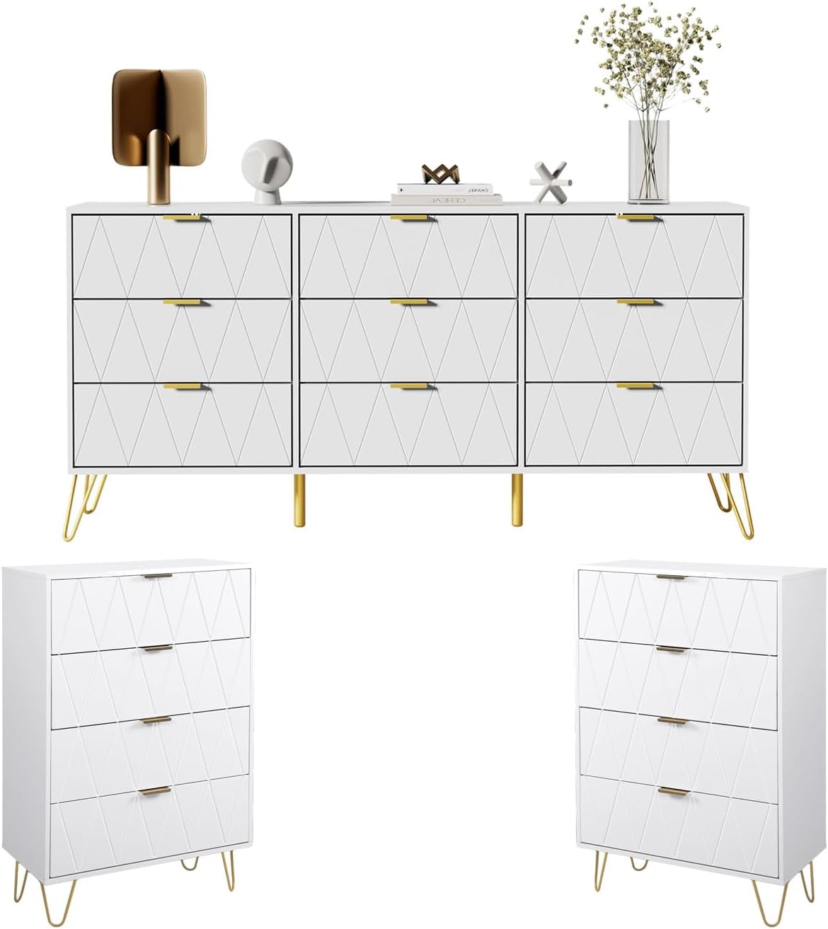 UEV 3 Piece Bedroom Furniture Set, 9 Drawer Chest of Drawers with Two Drawers with 4 Drawers, Style with Handles and Feet in Gold, Lines Pattern, Scandinavian Style (White)
