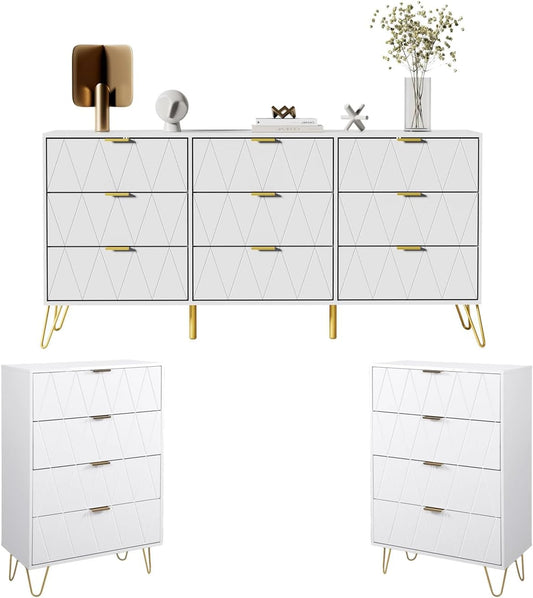 UEV 3 Piece Bedroom Furniture Set, 9 Drawer Chest of Drawers with Two Drawers with 4 Drawers, Style with Handles and Feet in Gold, Lines Pattern, Scandinavian Style (White)