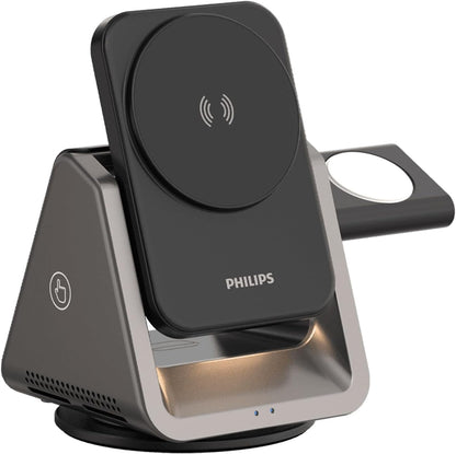PHILIPS 3 in 1 Wireless Charging Station with Magsafe Qi | iPhone/Samsung | iWatch | Airpod | Multiple Charger Devices Station| Desktop/Portable Foldable Reliable 3X Devices with Ring & Decal (V2.0)