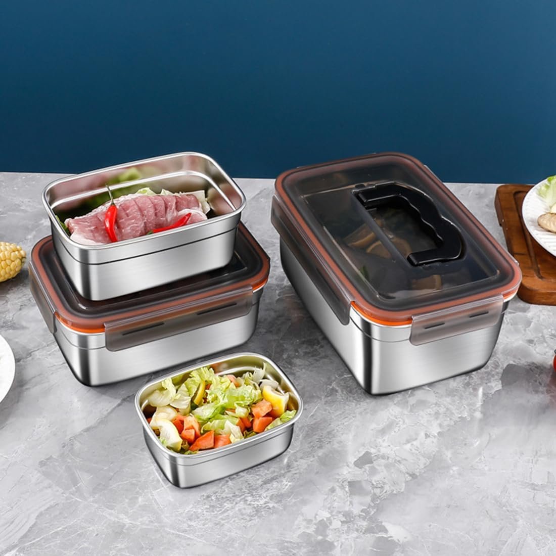 SYAMEET 4-Pack Food Storage Containers with Airtight Lids,Stainless Steel Bento Lunch Box, Leak-Proof Metal Food Storage Boxes for Kitchen, Fridge & Travel, 550ml/1100ml/1900ml/3500ml Sizes, BPA-Free