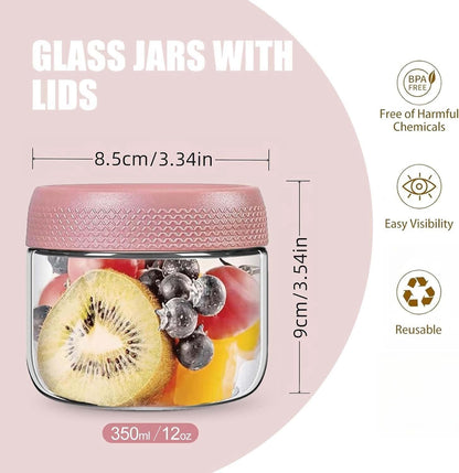 Overnight Oats Containers with Lids, Glass Jars with Airtight Lids, Wide Mouth Mason Jars, Food Storage Containers, Set of 6 (350ml)