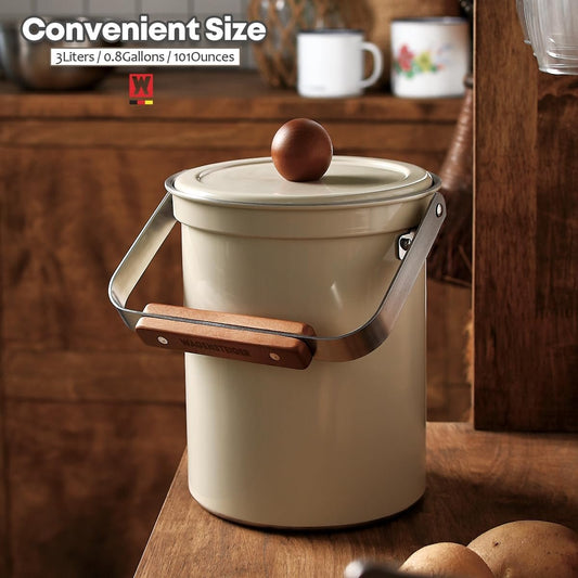 WAGENSTEIGER Kitchen Countertop Compost Bin 101ounces / 3Liters, Airtight Lid SUS304 Stainless Steel Odor-Free Food Waste Bin with Wooden Handle Stylish Design Bathroom Trash Can (Off-White)