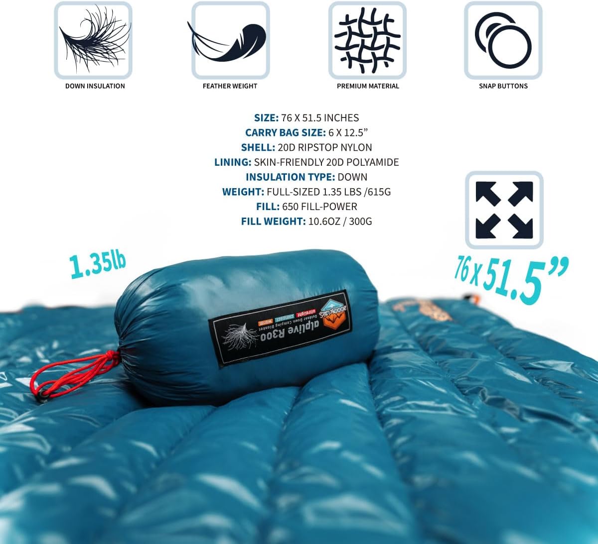 ZOOOBELIVES Ultralight Down Camping Blanket - 1.35lbs, 650 Fill Power Puffy Quilt. Compact & Warm Comforter for Travel, Beach, Hammock, Backpacking - Elevate Your Outdoor Comfort - AlpliveR300