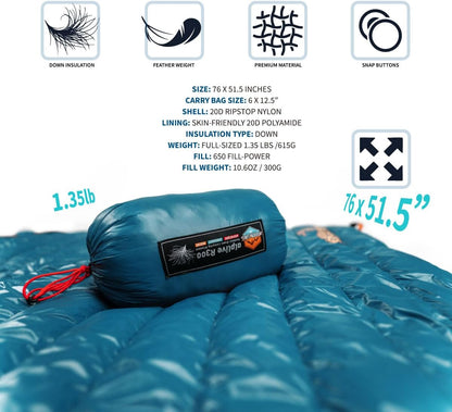 ZOOOBELIVES Ultralight Down Camping Blanket - 1.35lbs, 650 Fill Power Puffy Quilt. Compact & Warm Comforter for Travel, Beach, Hammock, Backpacking - Elevate Your Outdoor Comfort - AlpliveR300