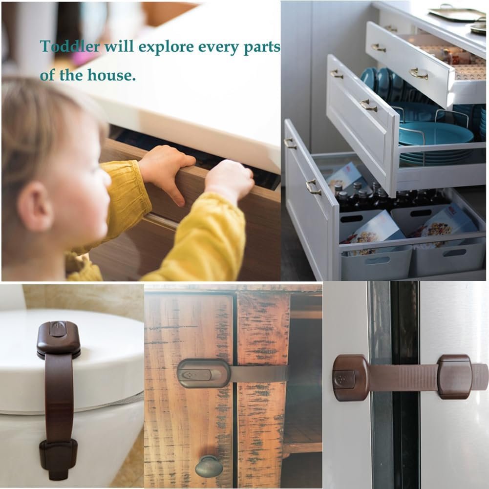 Child Safety kid safety Cabinet Lock Child Proofing Strap Locks for Baby Safety lock,Free Extra Adhesive Tape Included.No Drilling,Easy Installation.(Brown, 8 Pack)