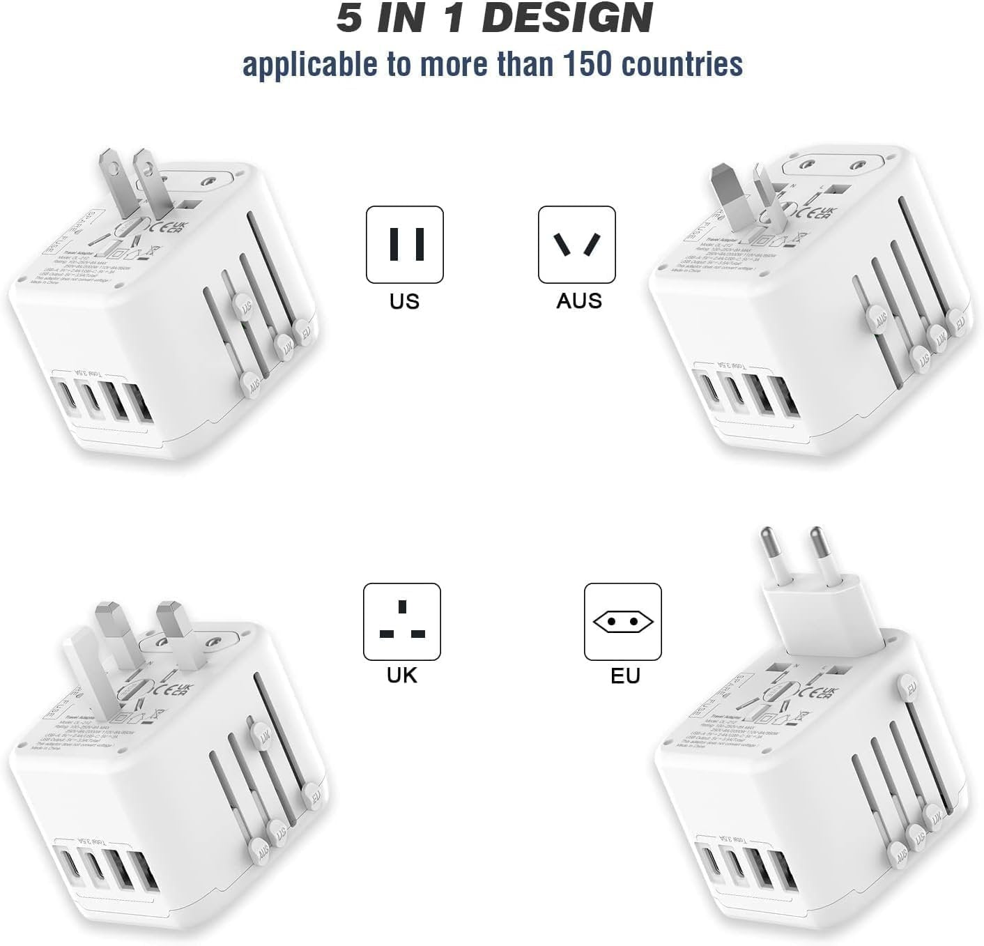 VYLEE Universal International Power Travel Plug Adapter, 5 in 1 European Travel Plug Adapter W/ 3.5A 2xUSB-A and 2xUSB C Wall Charger and Worldwide AC Outlet for Europe USA UK AUS Asia