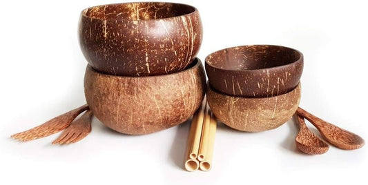 Rainforest Bowls Eco-Kitchen Set 2-Pack - Small & Jumbo Original Coconut Bowls + Coconut Wood Utensils + Bamboo Straws - Earth-Friendly, 100% Natural - Zero-Waste Gift for Green Kitchens