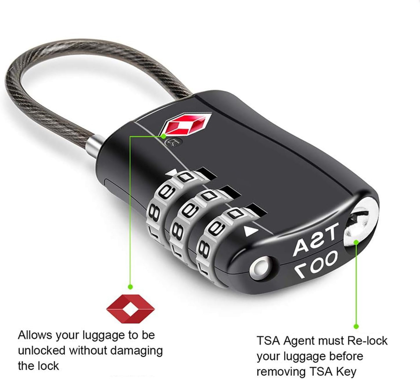 MAEZOE 4 Pack TSA Approved Luggage Locks, Combination Travel Cable Lock, 3-Digit Waterproof Padlock with Alloy Body, Keyless Resettable Suitcase Locks for Travel, Lockers, Bags, Backpack, Gym