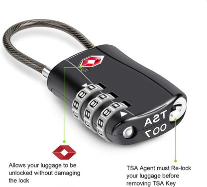 MAEZOE 4 Pack TSA Approved Luggage Locks, Combination Travel Cable Lock, 3-Digit Waterproof Padlock with Alloy Body, Keyless Resettable Suitcase Locks for Travel, Lockers, Bags, Backpack, Gym