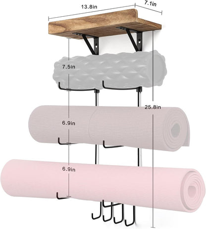 Bikoney Yoga Mat Holder Wall Mount Yoga Mat Storage Home Gym Accessories with Wood Floating Shelves and 4 Hooks for Hanging Foam Roller and Resistance Bands Fitness Home Gym Carbonized Black