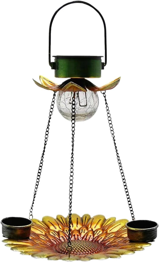 Mangiatoia per uccelli a energia solare, 2 in 1, in metallo, per esterni, decorazione da giardino, resistente alle intemperie, per bere e mangiare animali domestici