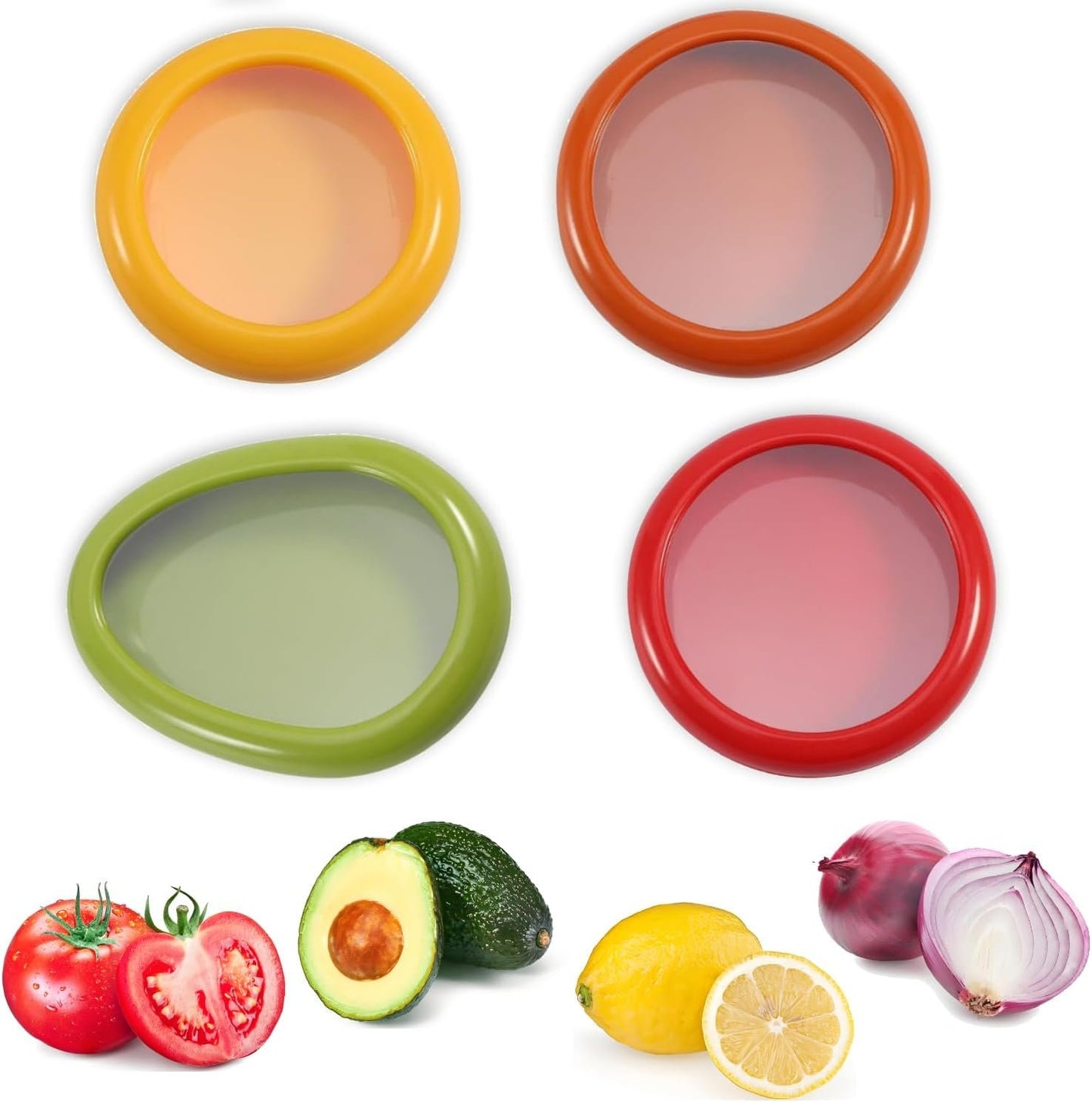 4PCS Fruit And Vegetable Storage Containers,Onion Storage Container, Avocado keeper,Tomato Saver,and Lemon holderï¼ŒVegetable Sha Transparent Film Reusable Food Saver Set for Fridge