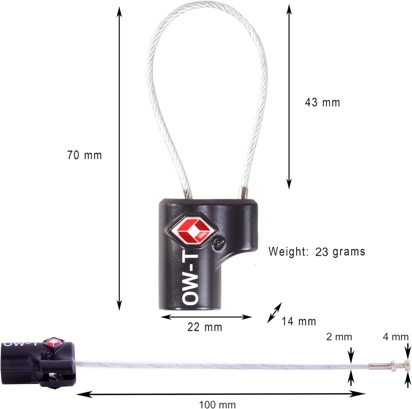 OW-Travel TSA Approved Luggage Locks Suitcase Locks (2 Pack) Cable Padlock with Keys Made from Heavy Duty Zinc Alloy for Suitcase, Zipper, Luggage, Bag, Case, Backpack, Gym Locker, Tool Box (Black)