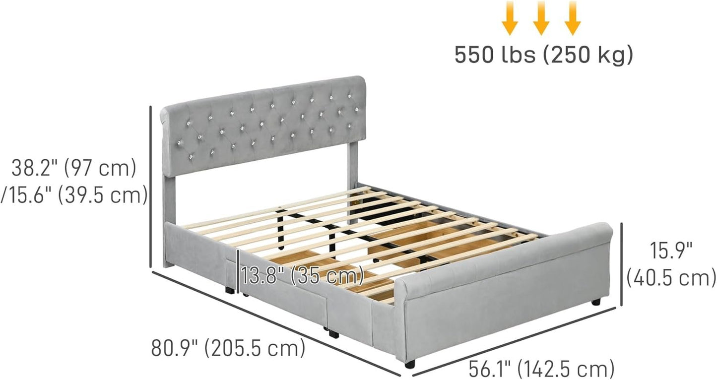 HOMCOM Full Size Platform Bed Frame with 2 Drawers, Upholstered Headboard with Crystal Tufted Design, Wooden Slats Mattress Foundation, No Box Spring Needed, Light Grey