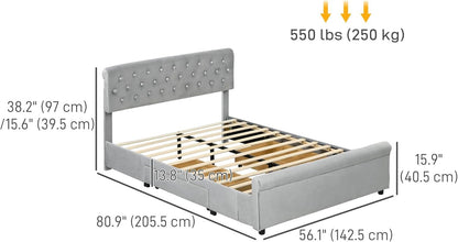 HOMCOM Full Size Platform Bed Frame with 2 Drawers, Upholstered Headboard with Crystal Tufted Design, Wooden Slats Mattress Foundation, No Box Spring Needed, Light Grey