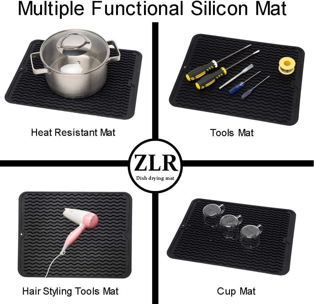 ZLR Silicone Dish Drying Mat for Kitchen Counter, Eco-Friendly Quick Dry Dish Mat, Easy Clean Multi Usage Drying Matt, Heat Resistant Trivet (2 x Black, L (12" x 16"))