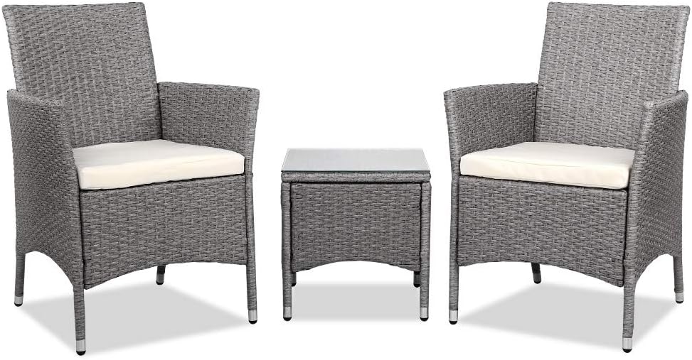 Gardeon 3pcs Wicker Patio Furniture, Bistro Set Table and Chairs Outdoor Lounge Setting Conversation Sets Dining Chair Garden Backyard, Cushion with Rattan Coffee Table Glass Tabletop Grey