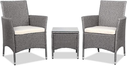 Gardeon 3pcs Wicker Patio Furniture, Bistro Set Table and Chairs Outdoor Lounge Setting Conversation Sets Dining Chair Garden Backyard, Cushion with Rattan Coffee Table Glass Tabletop Grey
