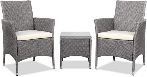 Gardeon 3pcs Wicker Patio Furniture, Bistro Set Table and Chairs Outdoor Lounge Setting Conversation Sets Dining Chair Garden Backyard, Cushion with Rattan Coffee Table Glass Tabletop Grey