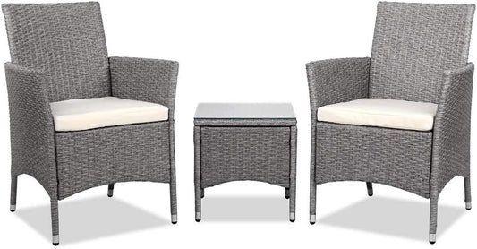 Gardeon 3pcs Wicker Patio Furniture, Bistro Set Table and Chairs Outdoor Lounge Setting Conversation Sets Dining Chair Garden Backyard, Cushion with Rattan Coffee Table Glass Tabletop Grey