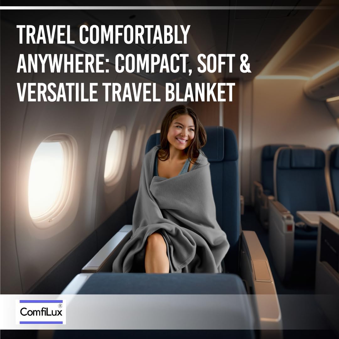 Travel Blanket Airplane Compact with Bag - Packable 2 in 1 Pillow and Blankets Set - Flight Organizer & Travel Essentials with Luggage Sleeve Pockets & Backpack Clip - for Plane, Car, Camping & Home!