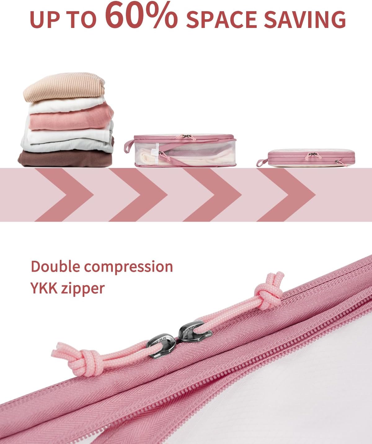 ECOHUB 6 Pieces Space Saving Compression Suitcase Organiser Travel Set with Shoe Covers, Dividers for Hand Luggage, Lightweight, Pink