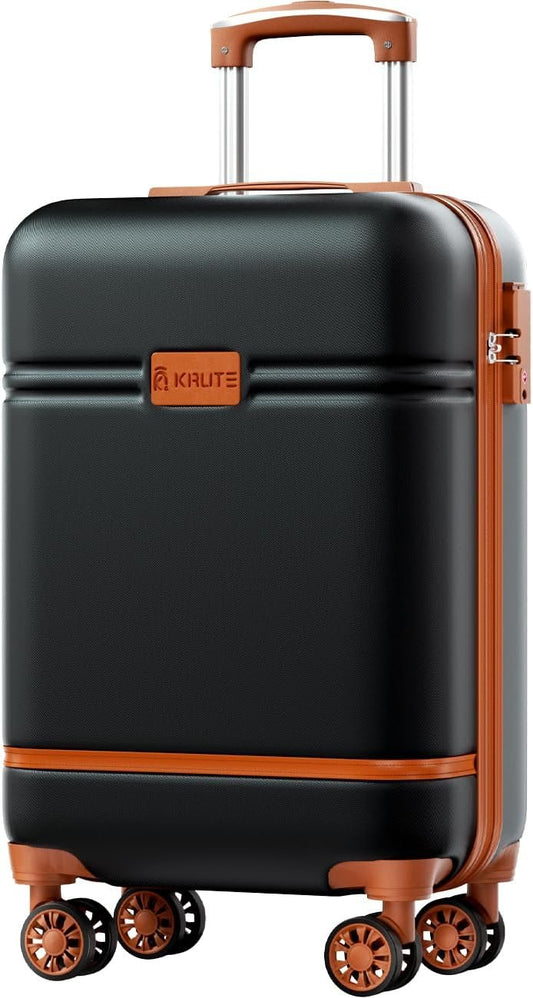 Krute Carry on Luggage PC+ABS Luggage TSA Lock Lightweight Hardshell Suitcase with Wheels 20 Inch (Black-Brown)