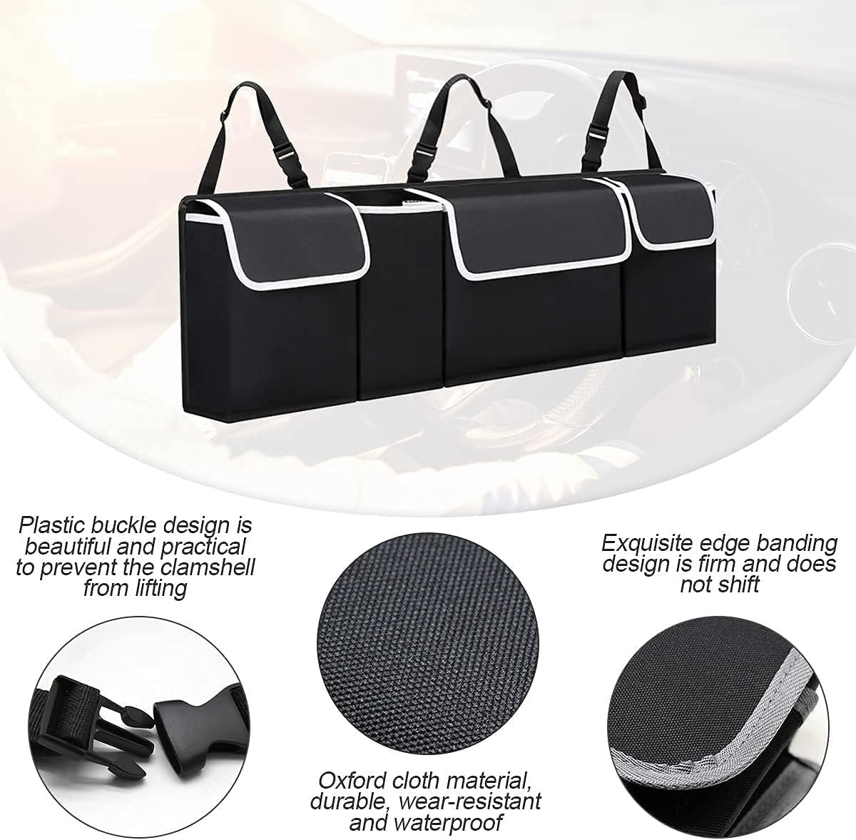 Car Trunk Organizer and Storage, Backseat Hanging Organizer for SUV, Truck, MPV, Waterproof, Collapsible Cargo Storage Bag with 4 Pockets, Car Interior Accessories (Black)
