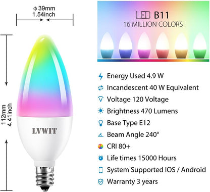 LVWIT B11 Smart Bulb, Candelabra LED Light Bulbs, Work with Alexa, Google Assistant, Smart Life App, Tuya App, 2700K-6500K, E12 RGB Color Changing Bulb (4.9W), No Hub Required, 4-Pack