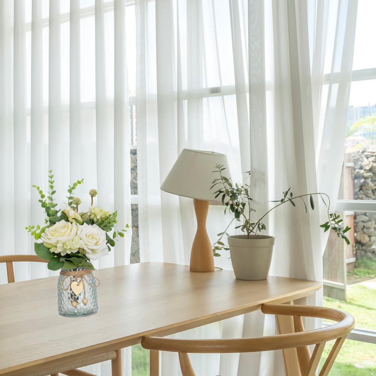 Avoik Artificial Flowers with Glass Vase Fake Flower Bouquet Faux Rose in Vases for Home Dcor Flowers Modern Home Decor Table Decorative Flower Vase for Dinner Office Bedroom, White