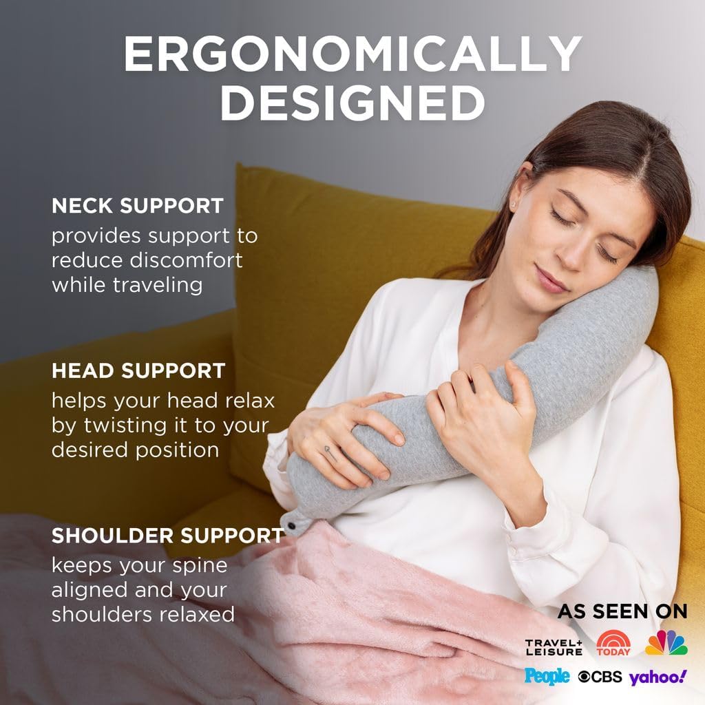Twist Memory Foam Travel Pillow for Neck Chin Lumbar and Leg Support - for Traveling on Airplane Bus Train or at Home - Best for Side Stomach and Back Sleepers - Adjustable Bendable Roll Pillow
