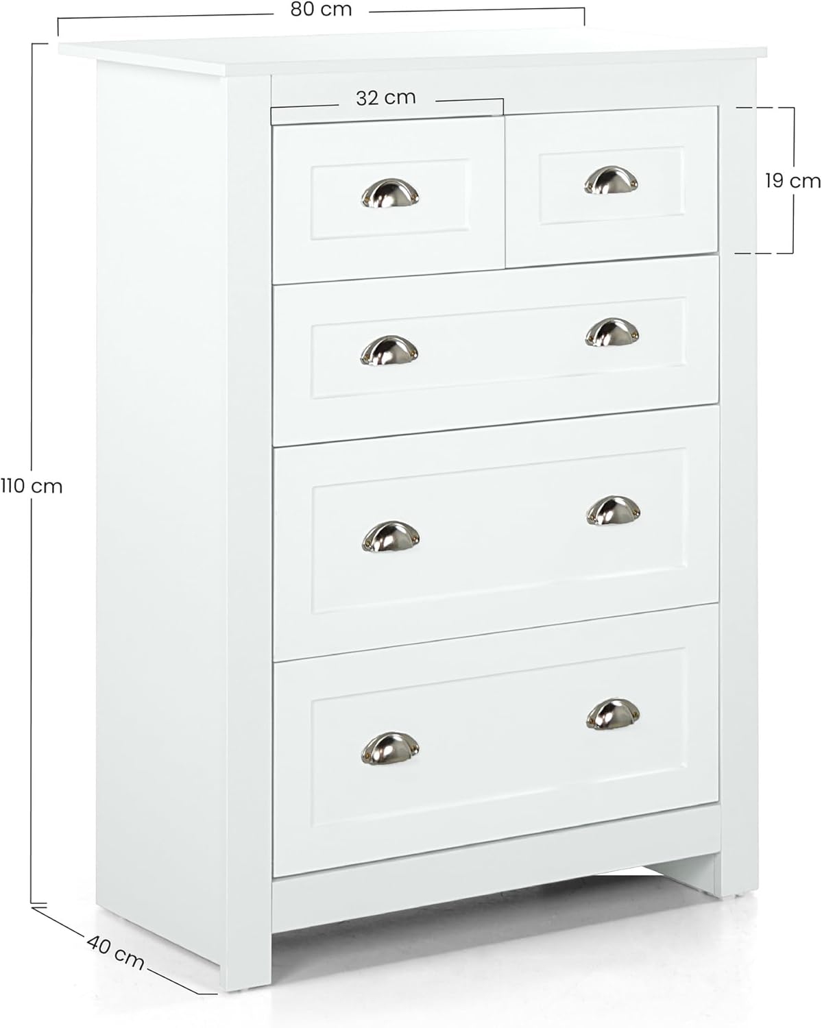 WeHome Modern Bedroom Chest of Drawers, Como Chest of 4 Wooden Drawers, Space-Saving Chest of Drawers, 100 x 40 x 70 cm, Chest of Drawers for Bedroom and Living Room with Chrome Handles (White)